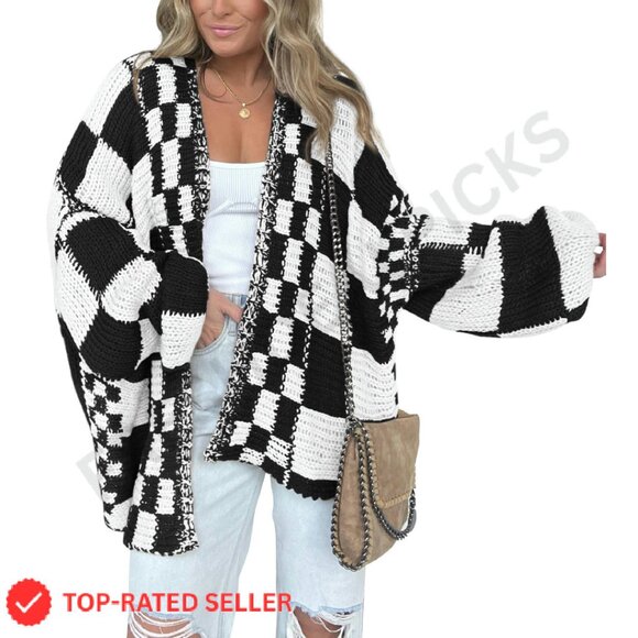 Chunky Knit Cardigan Open Front Checkered Pattern Cozy Oversized Chic